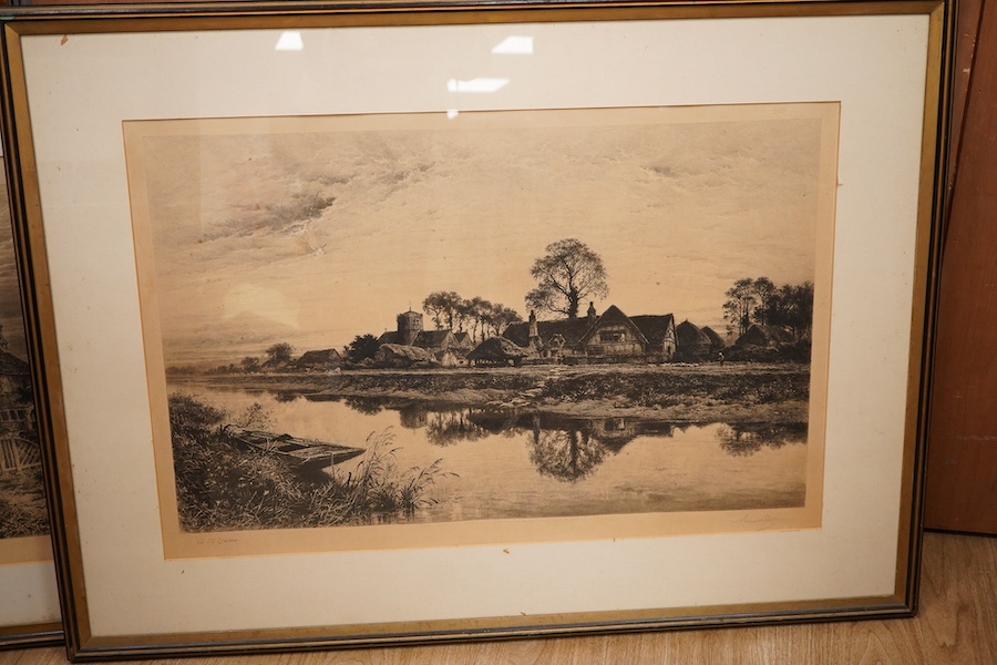 After Benjamin Williams Leader (1831-1923), Riverscape, Victorian print, together with two other prints, 48 x 81cm